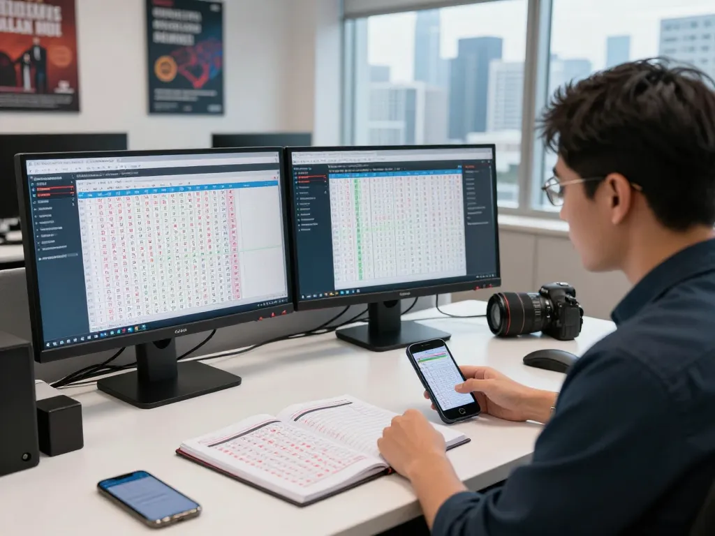 Analyzing HK Malam Ini lottery data in a modern office with dual screens and strategic notes.