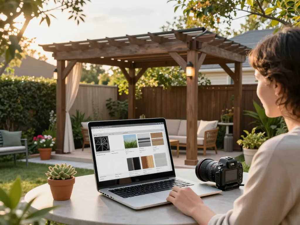Interactive outdoor pergola design using Pergola Sales Software in a beautiful garden.
