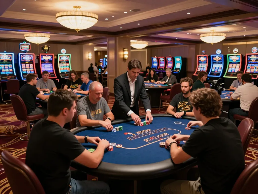 Experience the excitement of KJC gaming with players at poker tables under elegant lighting.