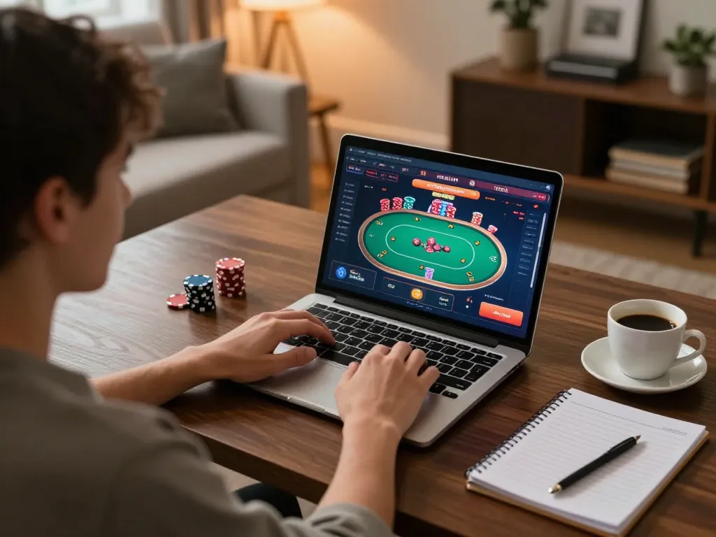 Engaging in strategic online gaming at TG88 with a cozy home setup and gaming interface visible