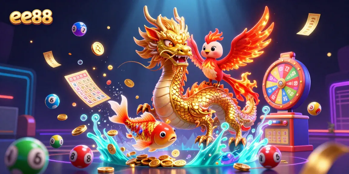 Experience thrilling moments at ee88 with a dynamic illustration of a golden dragon, phoenix, and koi fish surrounded by symbols of luck.
