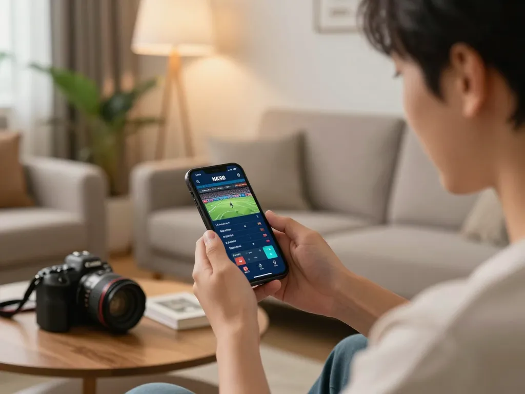Young adult interacting with the nk88 app on smartphone for live sports betting in a cozy home setting