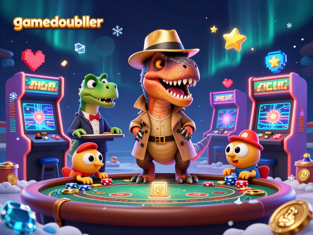 gamedoubler showcases a sneaky velociraptor at a blackjack table amidst dazzling casino elements