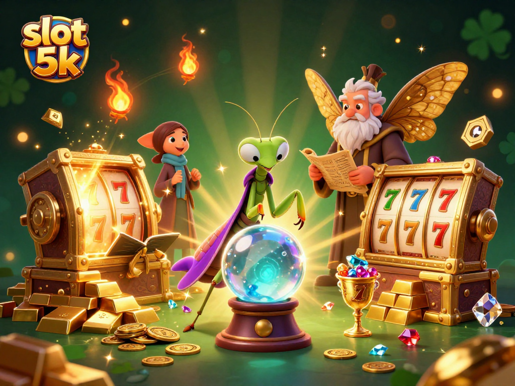 Engage with vibrant slot 5k themes featuring dynamic slot reels and treasure in a playful casino illustration.