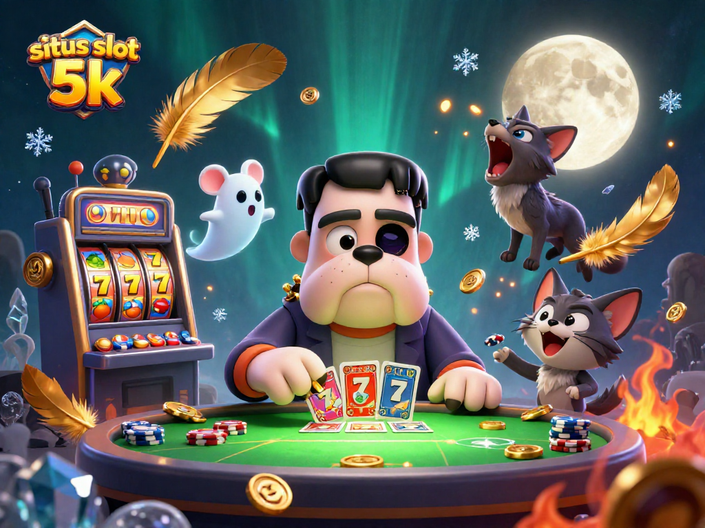 Engage with situs slot 5k as you watch a 3D cartoon Frankenstein bulldog deal cards amidst a spooky casino atmosphere.