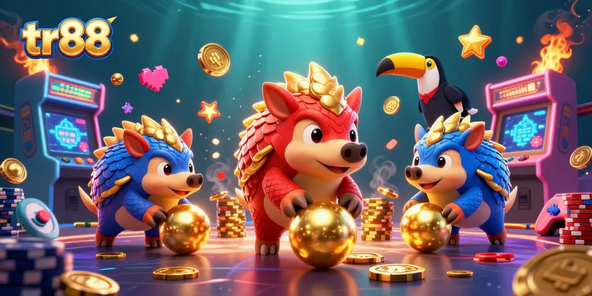 tr88 features rival pangolins rolling golden balls through poker chips in an energetic casino scene
