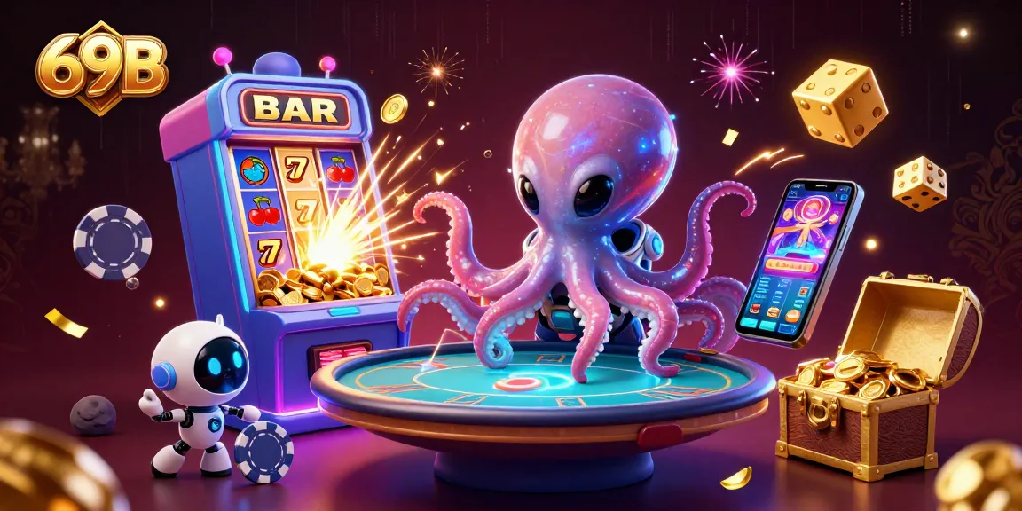 Jogue no 69B com uma ilustração de cassino vibrante e dinâmica, apresentando um polvo e um robô entre elementos de jogos.