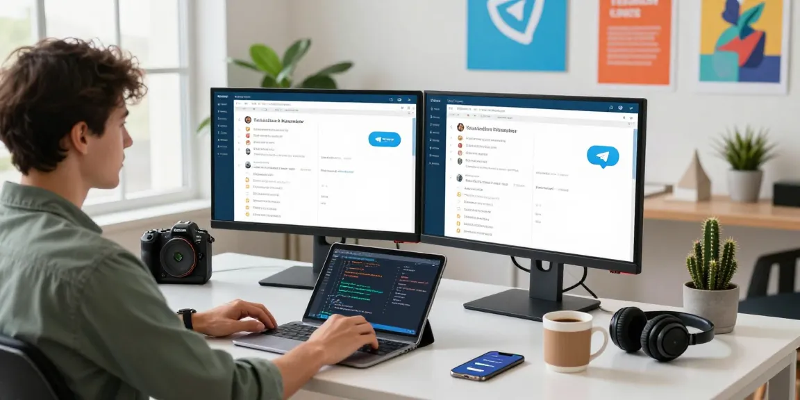 Professional at a tech workspace using telegram官网 to enhance communication and collaboration