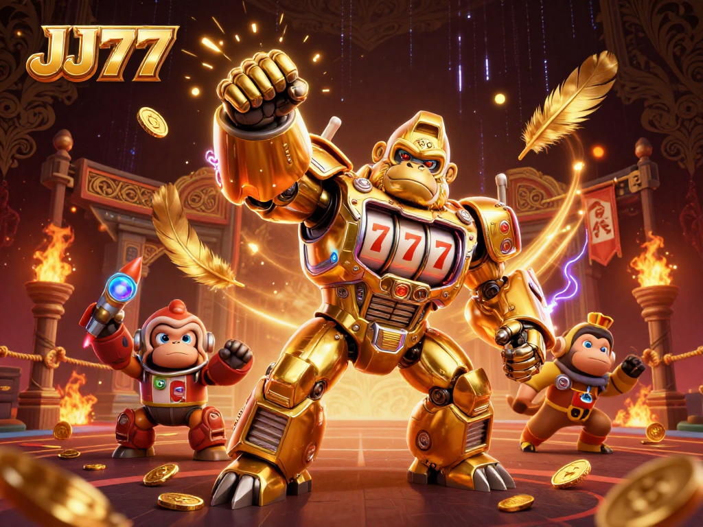 Engage with the thrilling JJ77 game experience featuring a gorilla mech and an energetic casino scene.