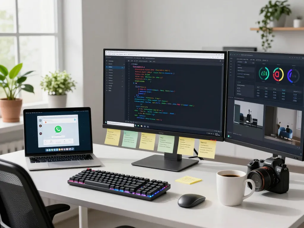 Developer interacting with clawdbot ai on dual monitors in a modern workspace, showcasing productivity tools and AI messaging integration.