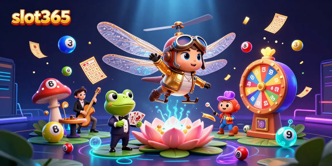 Experience thrilling games at slot365 with colorful lottery balls, a frog croupier, and vibrant casino elements.