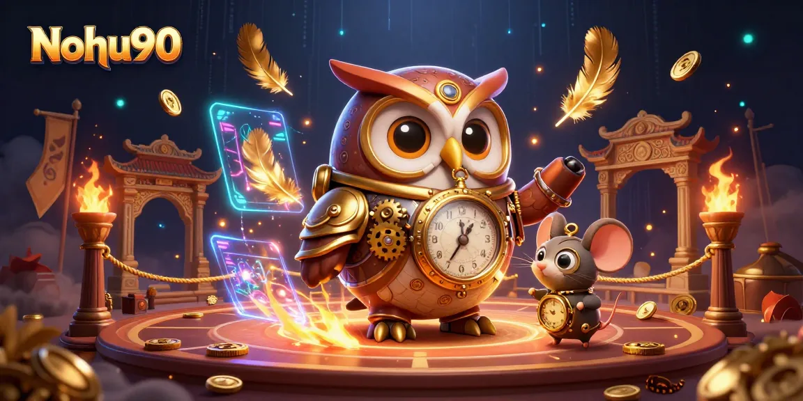 Nohu90 showcases an exciting scene with a time-traveling owl and mouse surrounded by swirling jackpot elements.