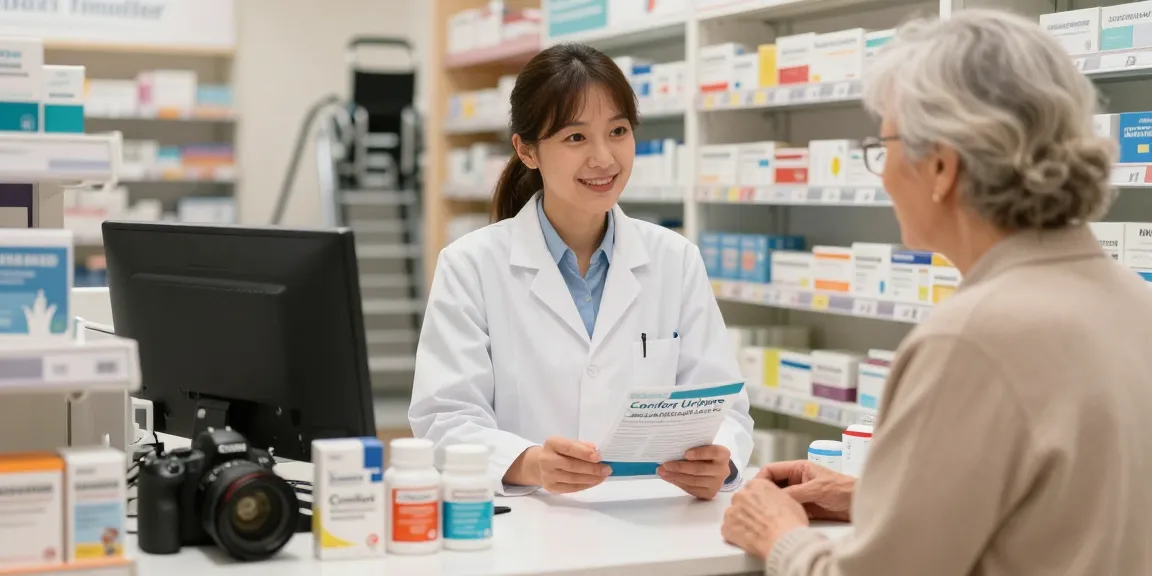 Pharmacist assisting customer with confort urinaire en pharmacie products in a welcoming pharmacy setting.