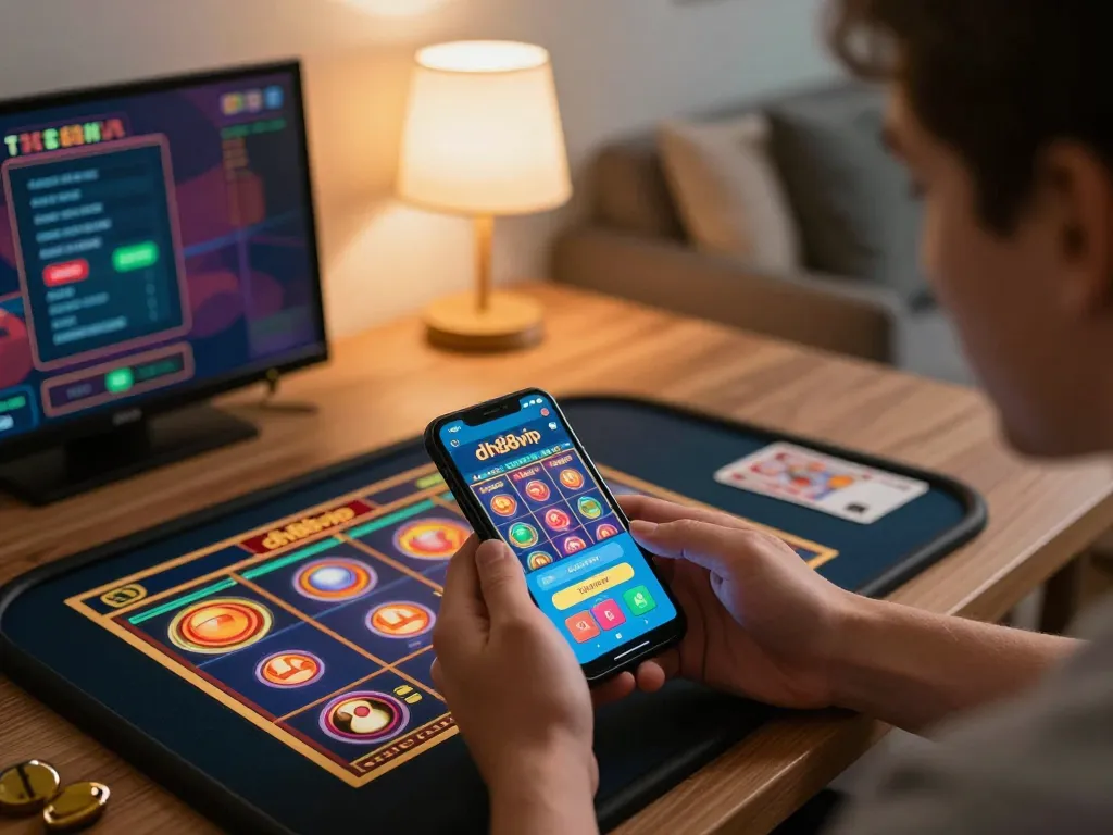 Play exciting games on dh88vip app showcasing vibrant slot graphics in a cozy home setting