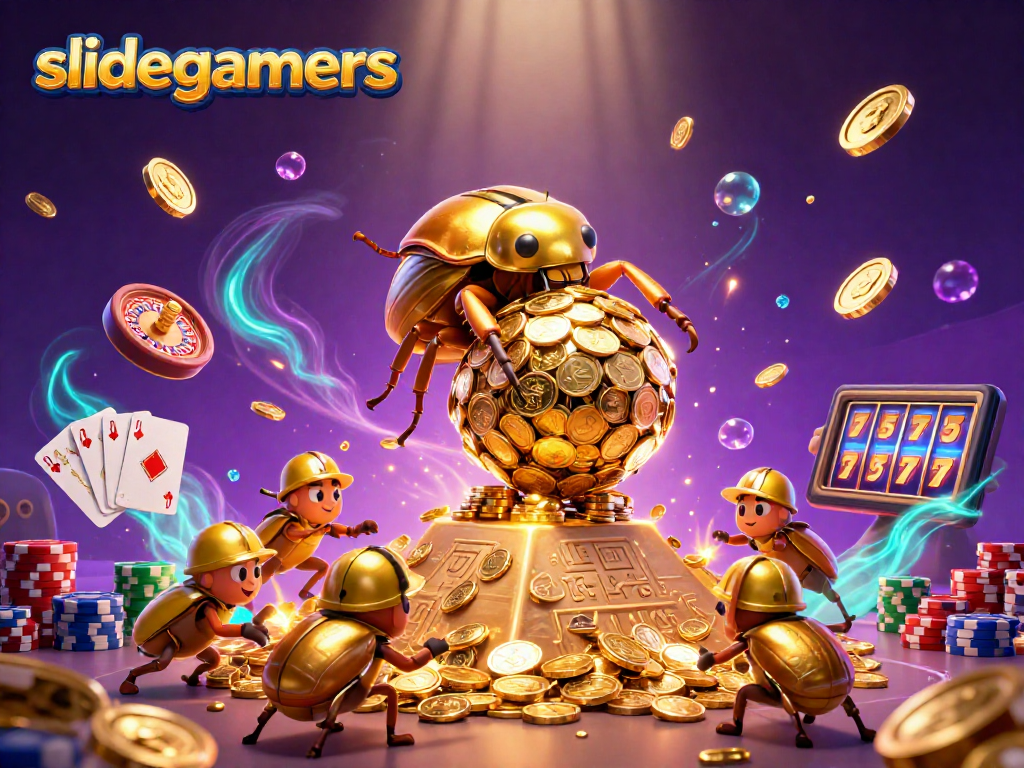 Engage with slidegamers as the golden dung beetle rolls coins in an enchanting casino scene.