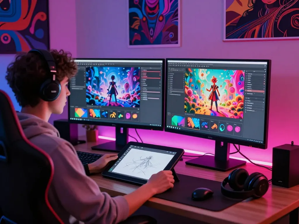 Engaged creator harnessing nsfw ai in vibrant digital workspace with dual monitors displaying innovative content.