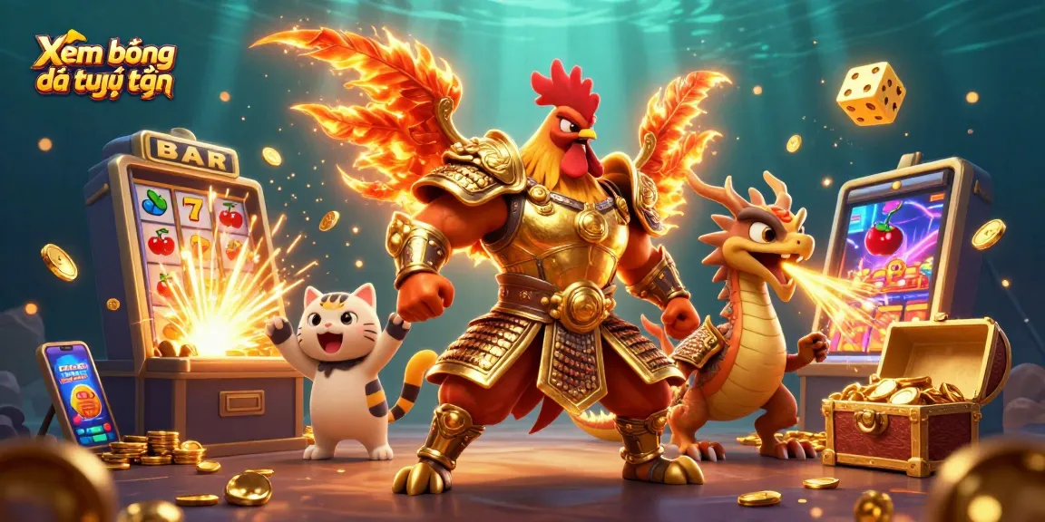Xem bóng đá trực tiếp with a powerful rooster warrior, dragon hatchling, and gold explosion in a dynamic casino scene