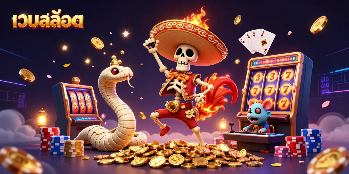 Celebrate your wins with เว็บสล็อต as skeleton mariachi festive on golden coins in a vibrant casino scene.
