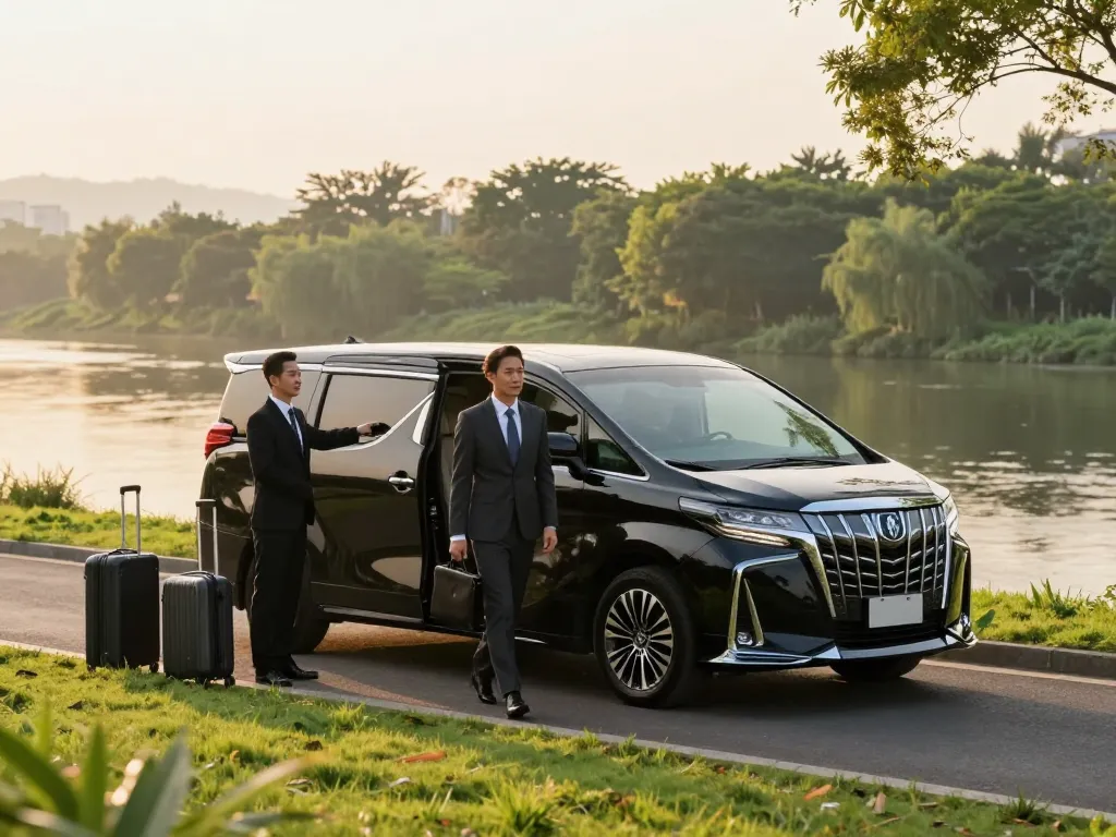 Trải nghiệm du lịch sang trọng với dịch vụ cho thuê xe Alphard, hành khách và tài xế bên bờ sông phong cảnh.