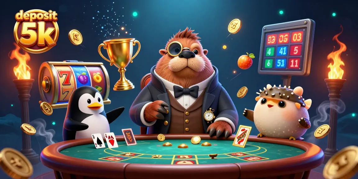 Experience the excitement of slot gaming with deposit 5k surrounded by charming casino characters and vibrant elements.