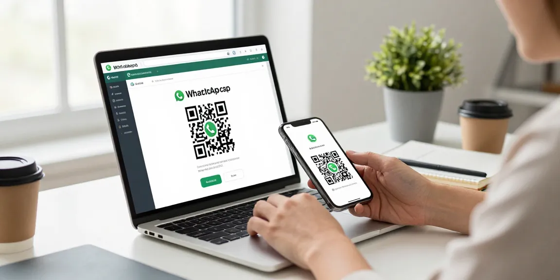 Using WhatsApp網頁版 on a laptop while scanning QR code with a smartphone in a modern workspace