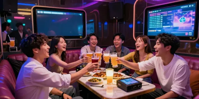 도파민 가라오케에서 친구들이 즐겁게 노래하고 있는 모습, 화려한 조명과 세련된 인테리어가 돋보입니다.