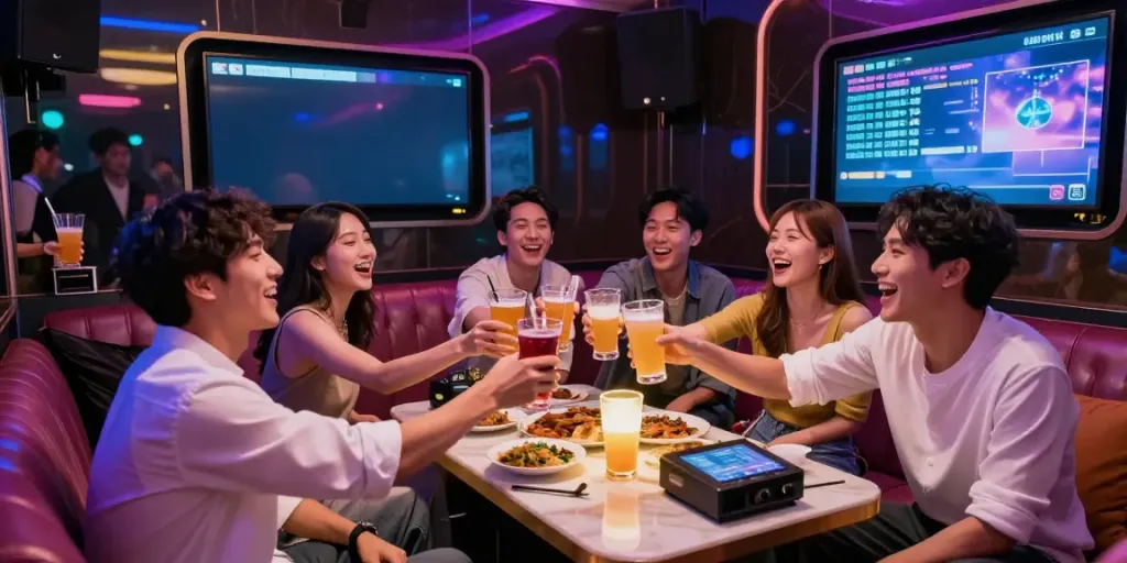 도파민 가라오케에서 친구들이 즐겁게 노래하고 있는 모습, 화려한 조명과 세련된 인테리어가 돋보입니다.