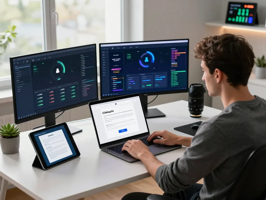 IODeFi registration interface displayed on a laptop in a modern cloud mining workspace with multiple screens.