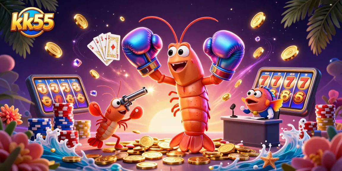 Join the excitement at kk55, with vibrant 3D casino characters and dynamic gaming elements in an engaging scene.