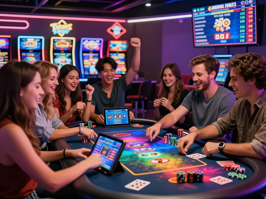 Exciting online gaming scene with MM88 players celebrating a big win in a vibrant casino.