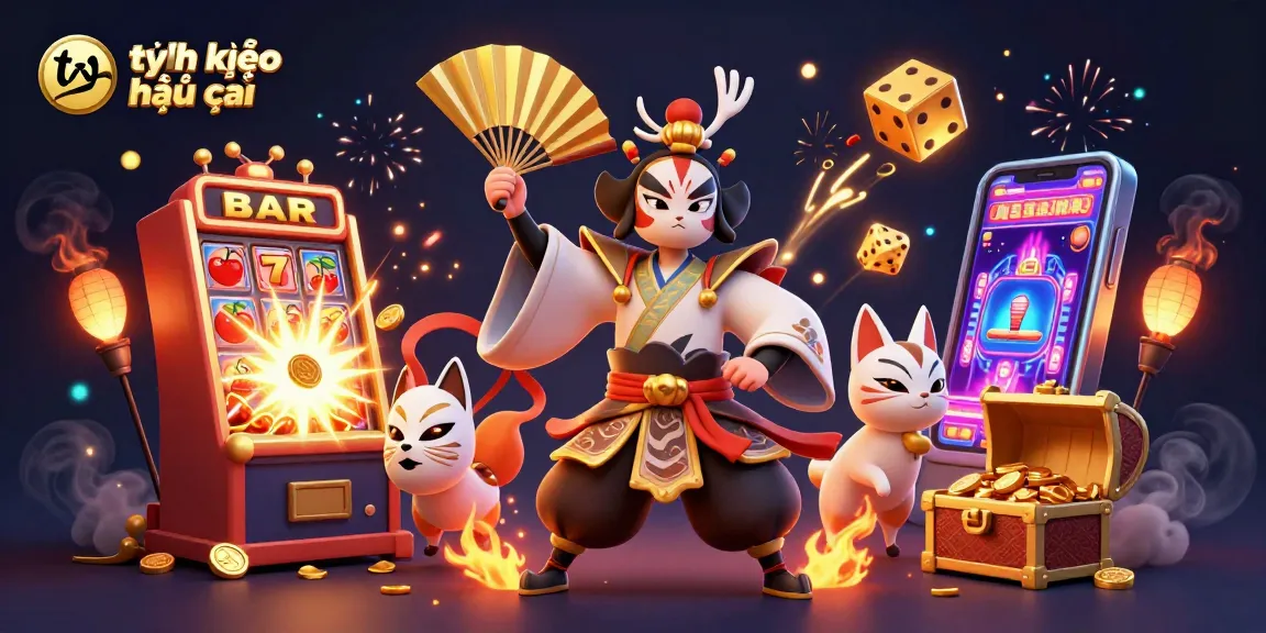 Experience the excitement of tỷ lệ kèo nhà cái with vibrant illustrations of a kabuki warrior and dynamic casino elements.