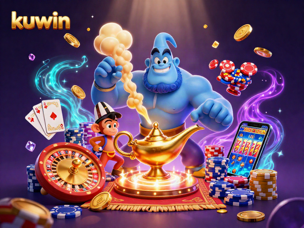 Kuwin's magical casino scene with a genie, monkey, and poker chips flying around