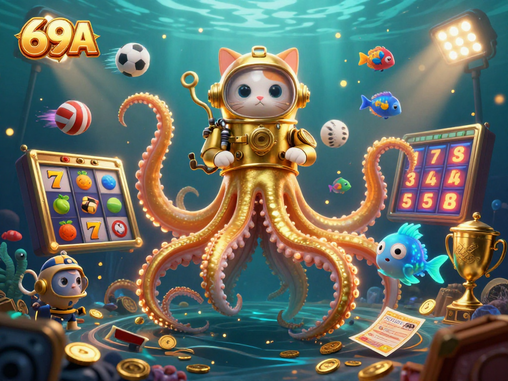 Jogue no 69A com o kraken, gato mergulhador e jogos de sorte em um ambiente vibrante.