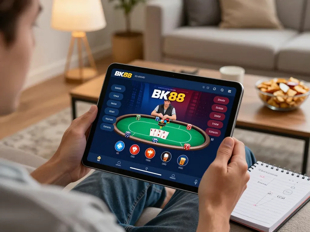 Engaging in BK88 online gaming on a tablet in a cozy home setting.