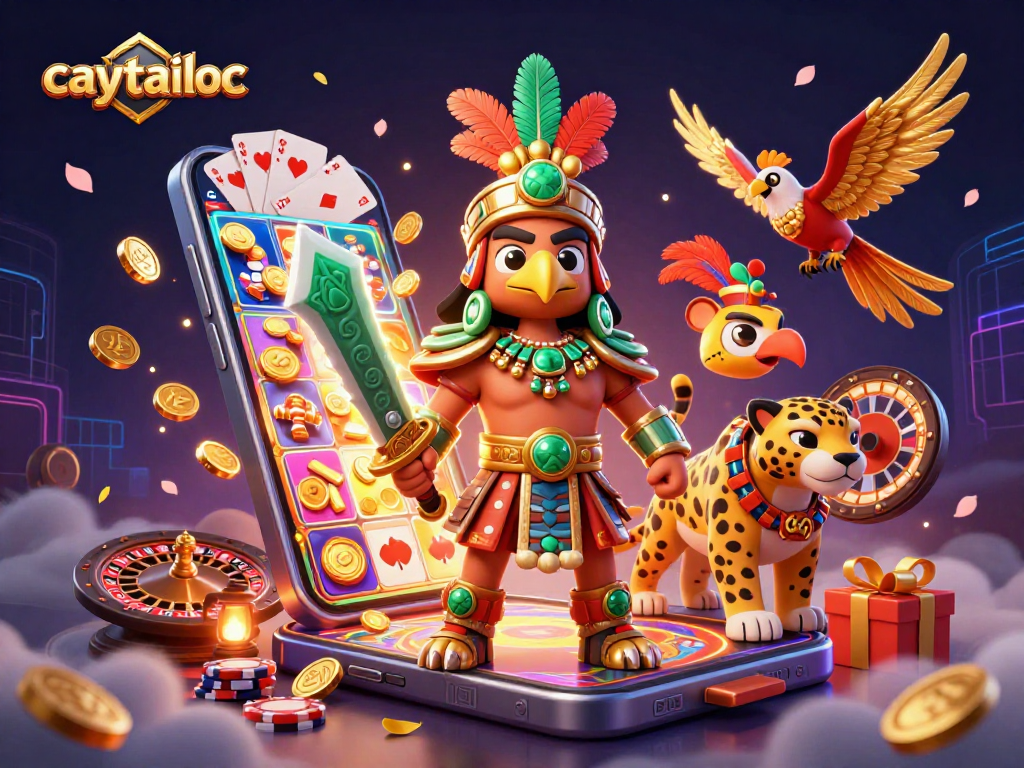 Caytailoc showcases an illustrated scene with Aztec warriors enjoying dynamic slot games and golden rewards.
