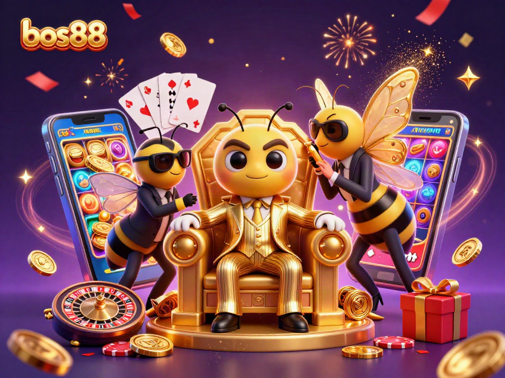 bos88 menampilkan ilustrasi 3D kasino dengan bos lebah, pengawal, dan elemen permainan berkilau.