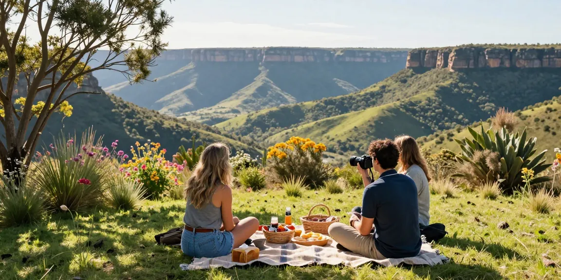 Magaliesburg Accommodation picnic scene with travelers enjoying nature and breathtaking mountain views.