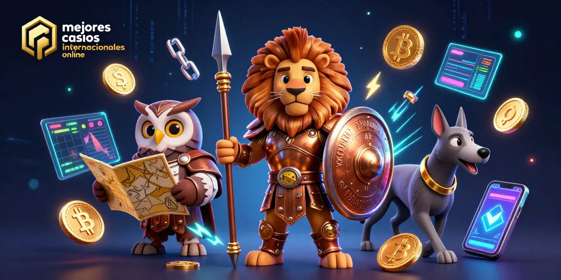 Visualiza los mejores casinos internacionales online con un león espartano y un búho en una escena dinámica.