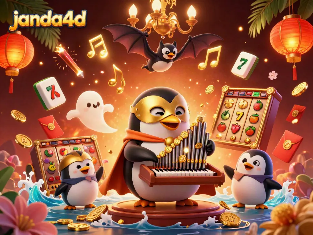 Permainan slot JANDA4D asyik dengan karakter penguin opera dan koin emas bertaburan.