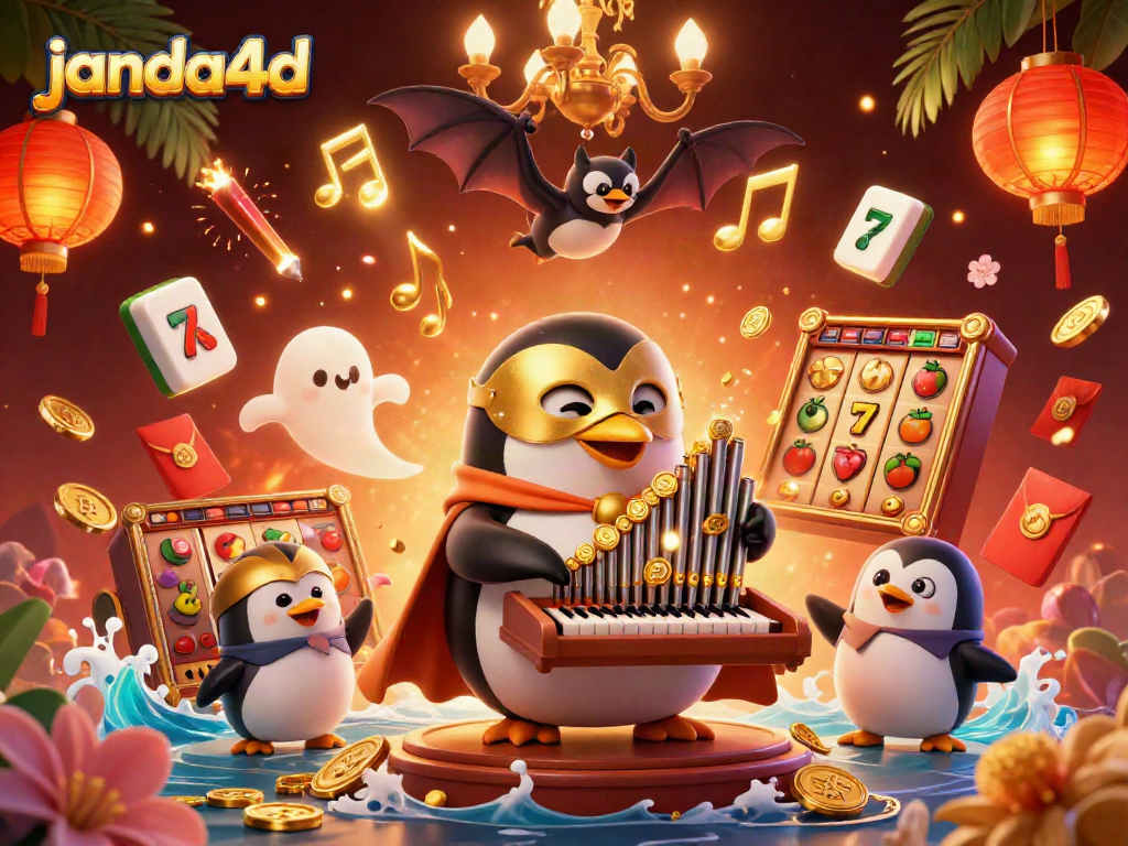 Permainan slot JANDA4D asyik dengan karakter penguin opera dan koin emas bertaburan.