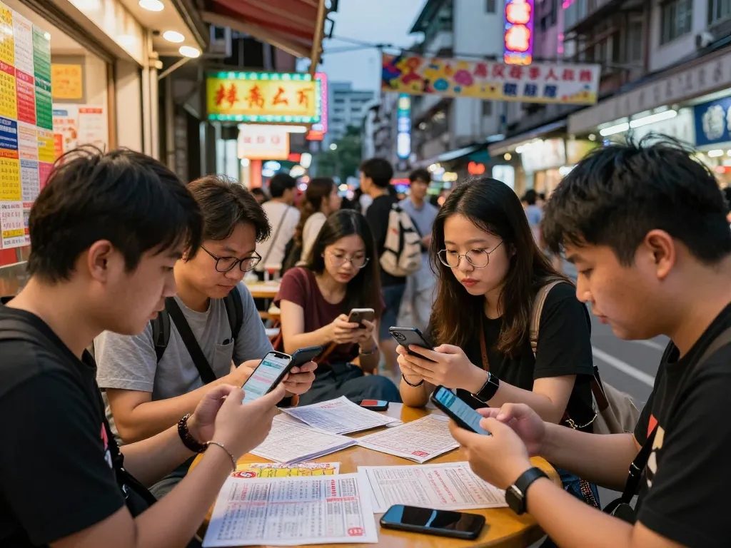 Players eagerly checking their HK Malam Ini results on smartphones in vibrant urban setting.