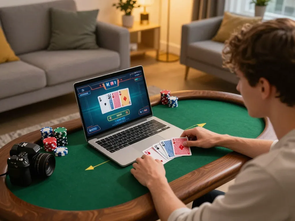 Engaged player enjoying 92slot poker game on a laptop, showcasing strategic gameplay moments in a cozy setting.