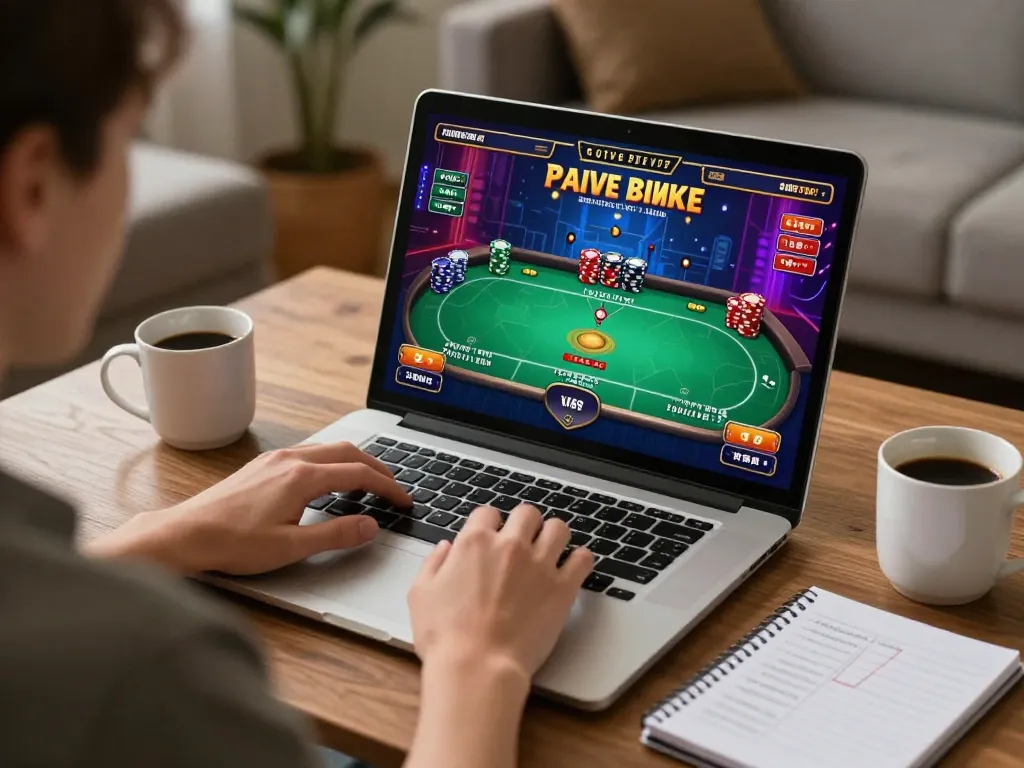 Player enjoying 58win online poker game at home, showcasing interactive gaming atmosphere.