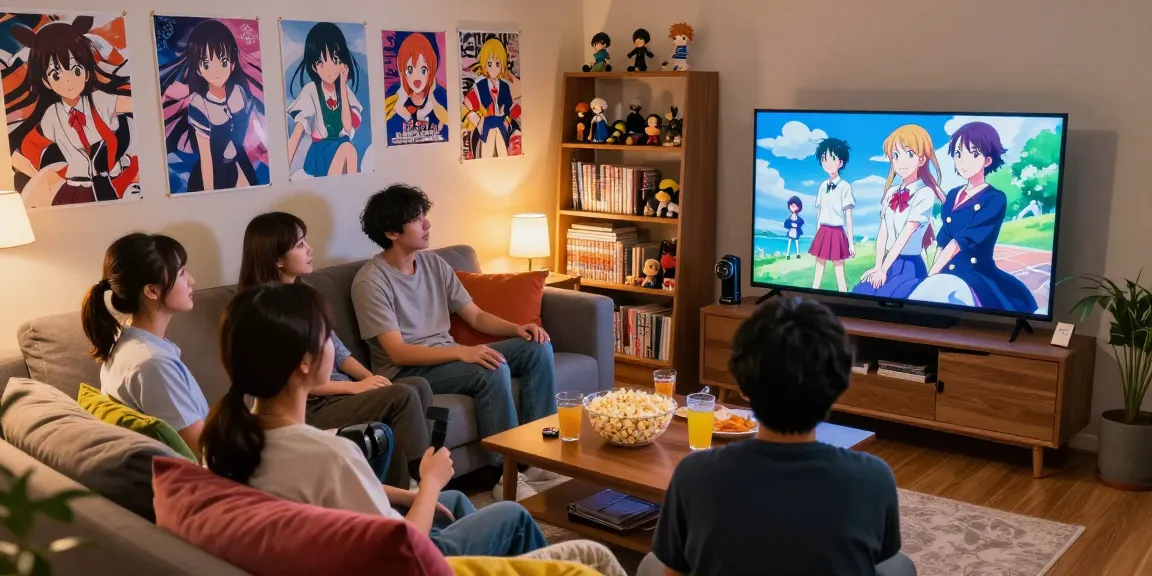 Animehay friends watching vibrant anime in a cozy living room with snacks.