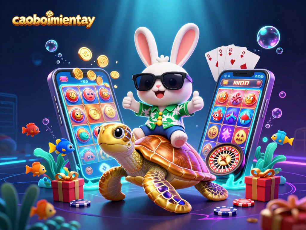 Experience caoboimientay with a vibrant scene featuring a lucky rabbit and golden turtle in a tropical casino setting.