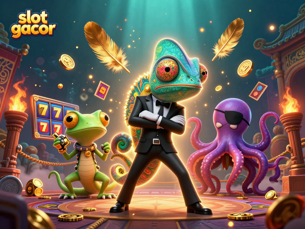 Engage with slot gacor action in a vibrant 3D casino environment featuring dynamic characters and rich game elements.