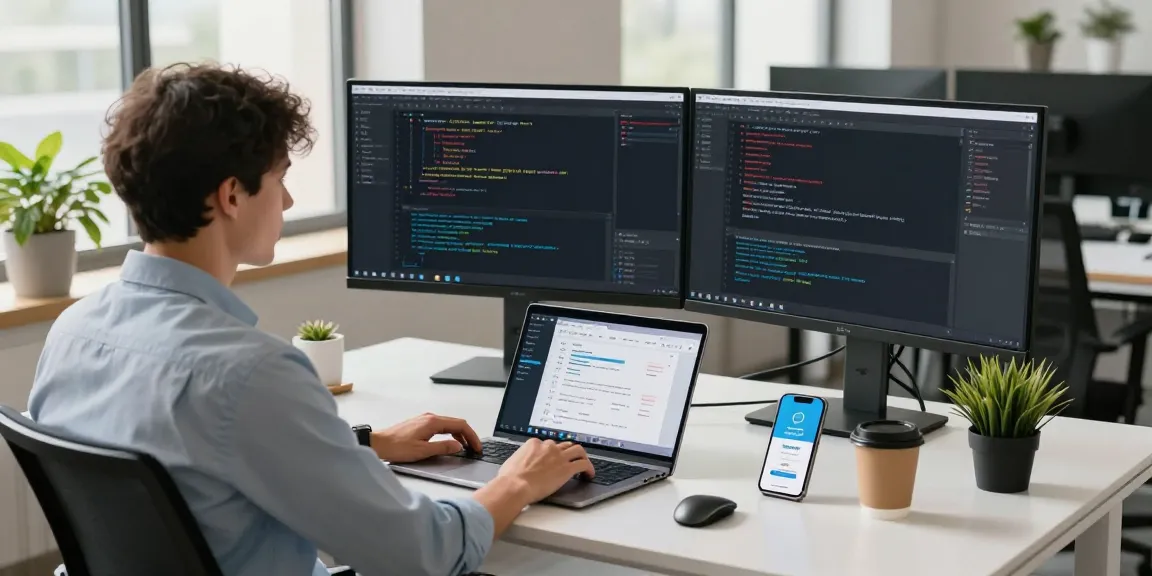 Engineer developing an age verification system with dual monitors in a modern office.