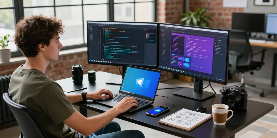 Dynamic tech workspace illustrating how to use telegram官网 with sleek devices, vibrant code, and an inspiring atmosphere.