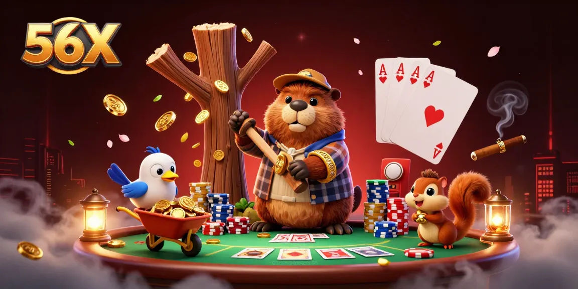 Win exciting rewards with 56X at a vibrant casino scene featuring playful characters amidst gold coins and poker elements.