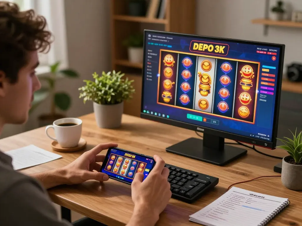 Engaging in slot depo 3k gameplay on a smartphone in a cozy home, showcasing a focused strategy.